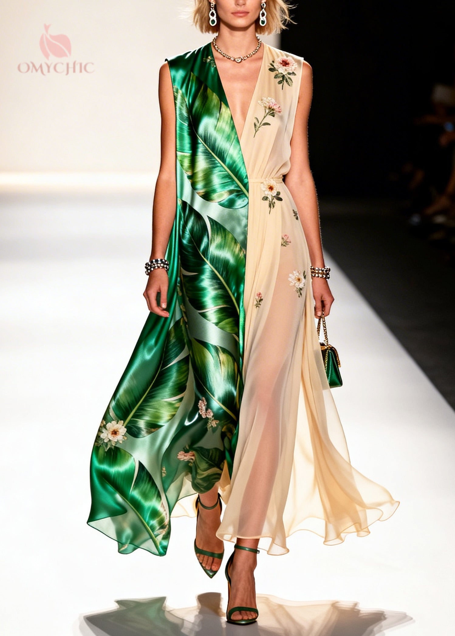 Palm Leaf Print Deep V-Neck Split Front Sheer Floral Panel Maxi Party Dress
