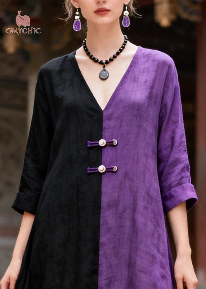 Women Colorblock Asymmetrical Patchwork Chinese Button Cotton A Line Dress Summer