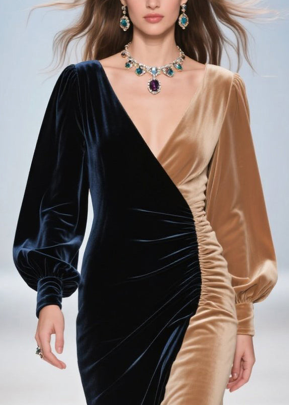 Velvet V-Neck Bishop Sleeve Ruched Side Panel Maxi Gown