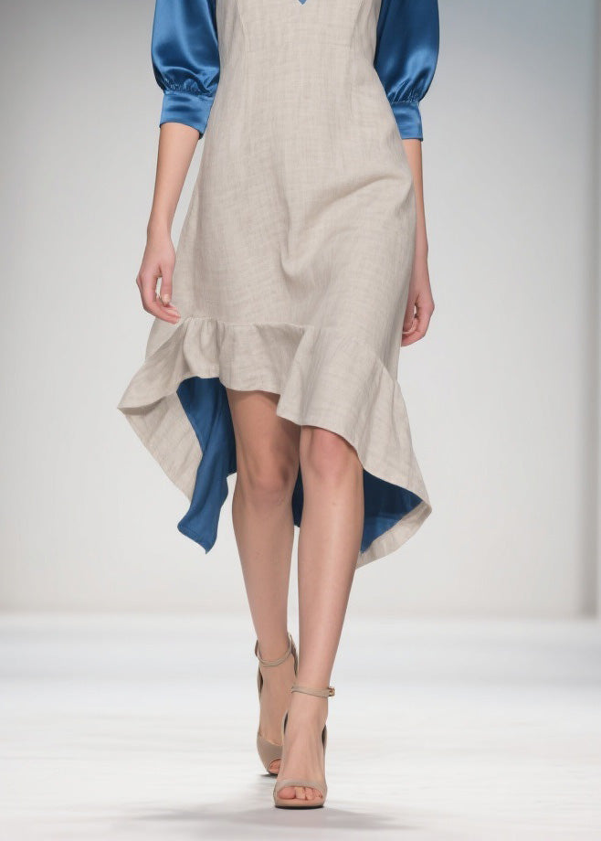 Deep V-Neck Three Quarter Sleeve Two Tone Woven Satin Lined Ruffle High Low Midi Dress