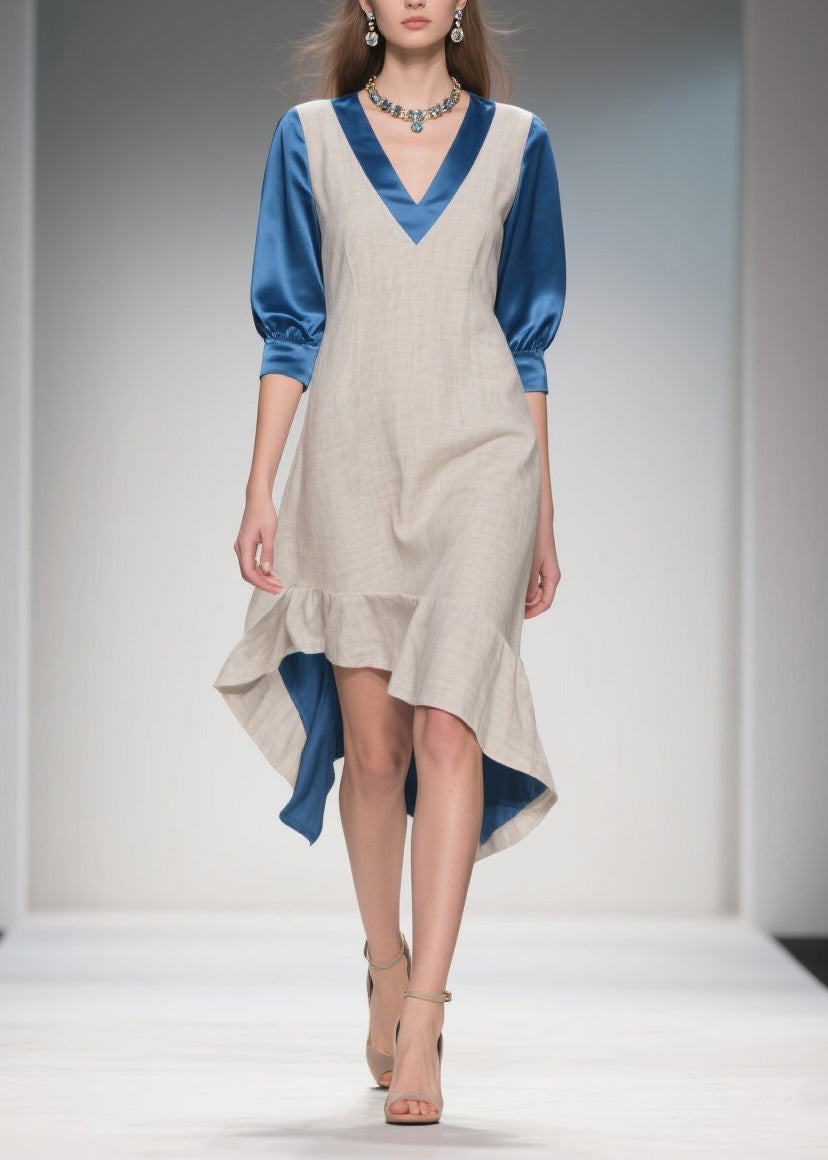 Deep V-Neck Three Quarter Sleeve Two Tone Woven Satin Lined Ruffle High Low Midi Dress