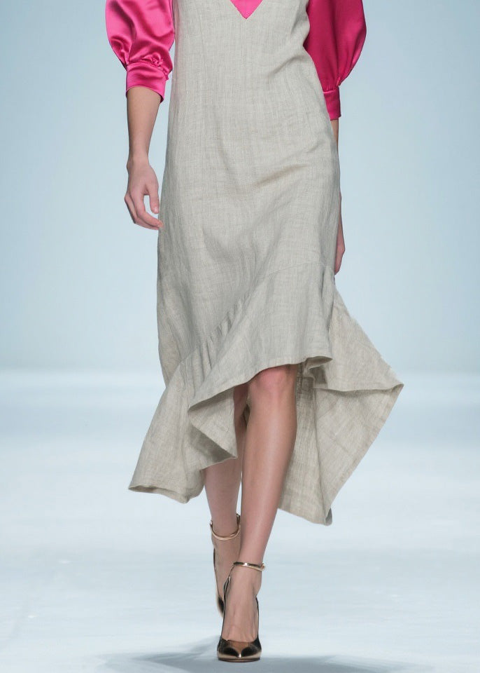 Deep V-Neck Puff Sleeve Satin Trim Layered Tiered Ruffle High Low Midi Dress