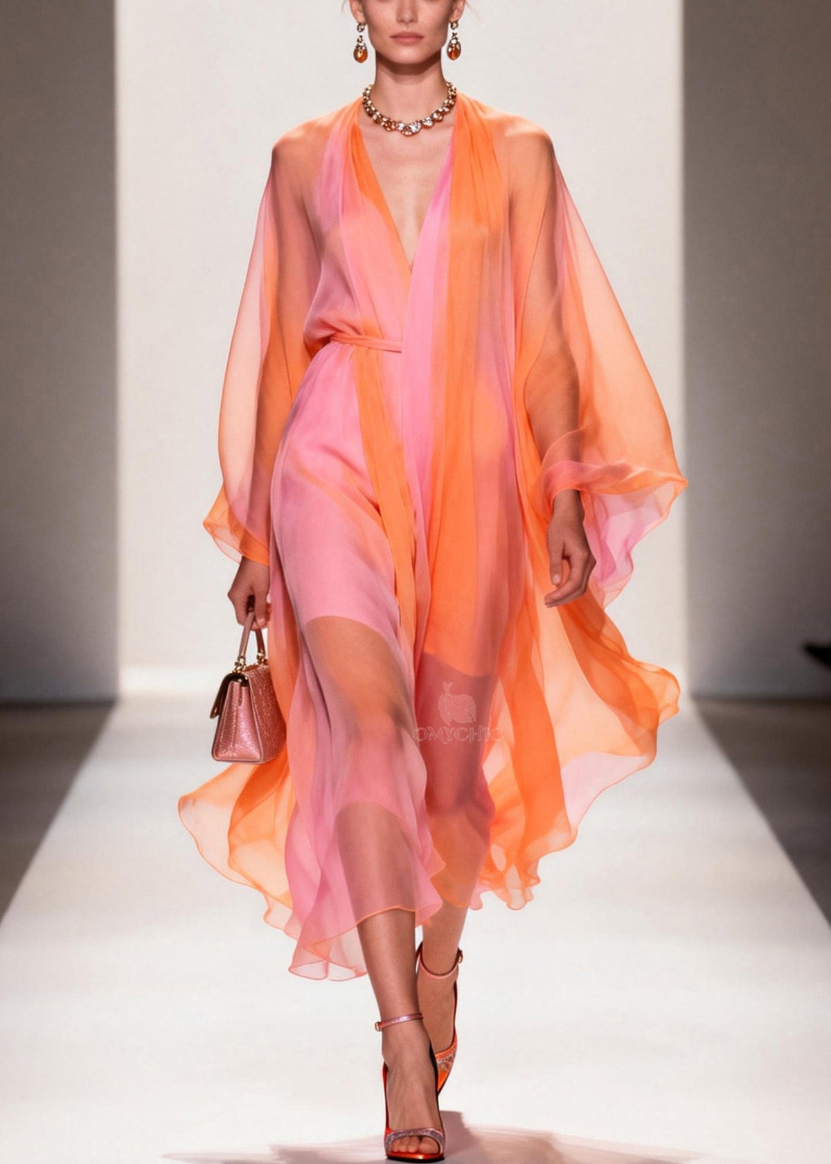 Deep V-Neck Batwing Sleeve Belted Colorblock Chiffon Midi Dress - View 3