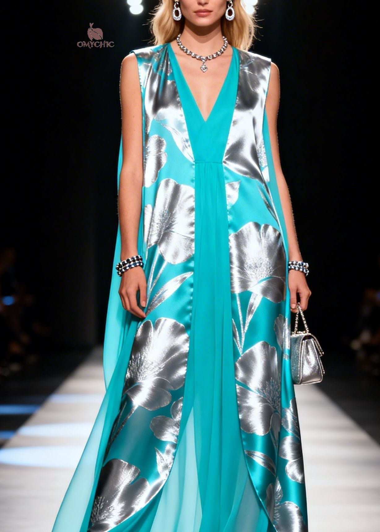 Floral Print Sleeveless Deep V-Neck Split Front Sheer Cape Maxi Gown