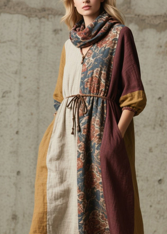 Patchwork Drawstring Waist Balloon Sleeve Pocket Maxi Dress and Scarf Set