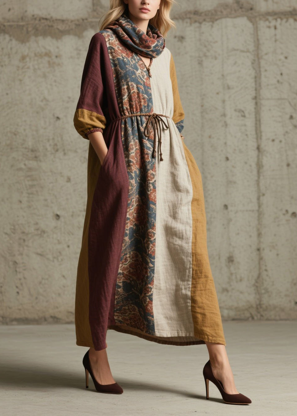 Patchwork Drawstring Waist Balloon Sleeve Pocket Maxi Dress and Scarf Set