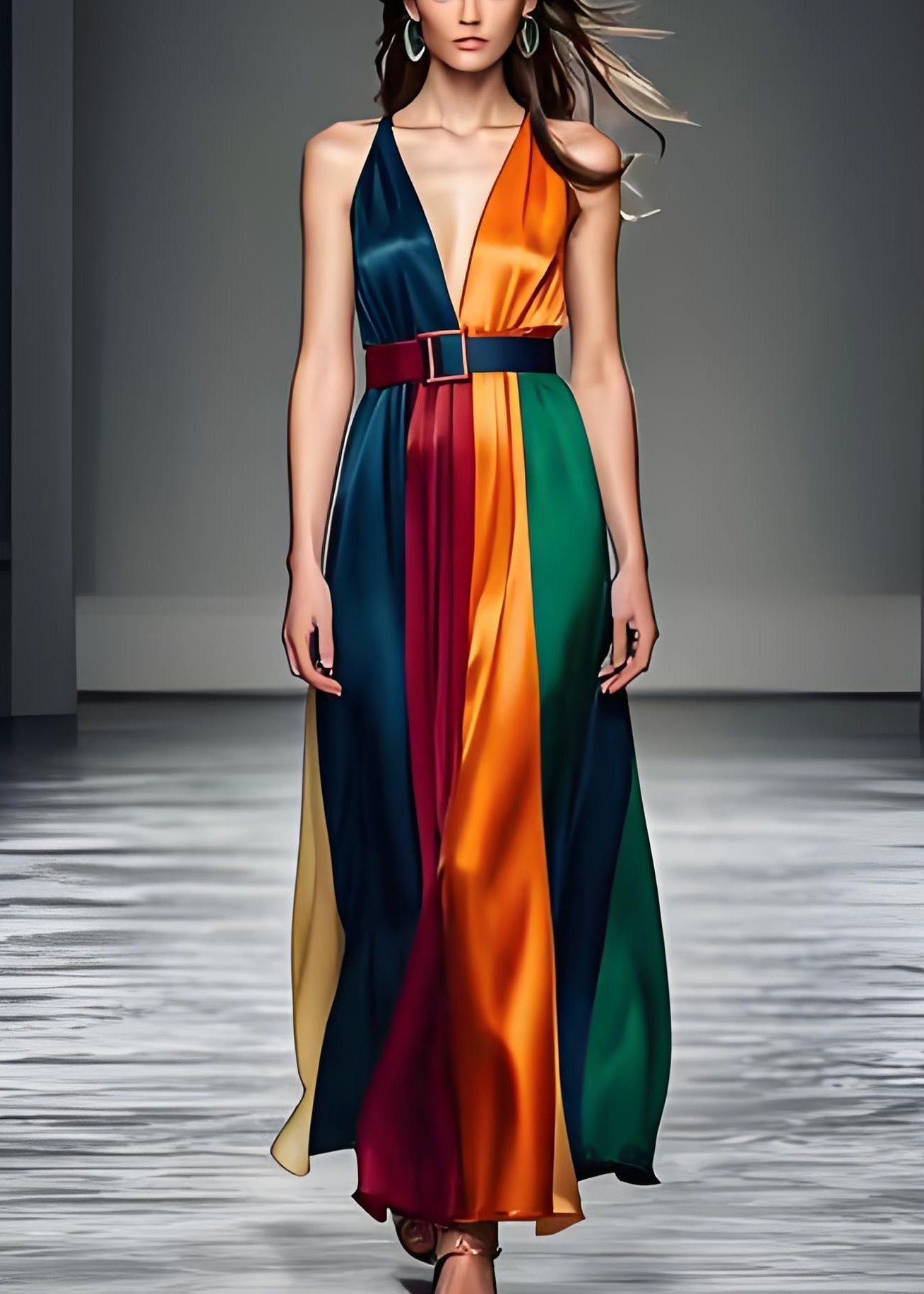 Deep V-Neck Belted Vertical Panel Satin Flowy Maxi Dress