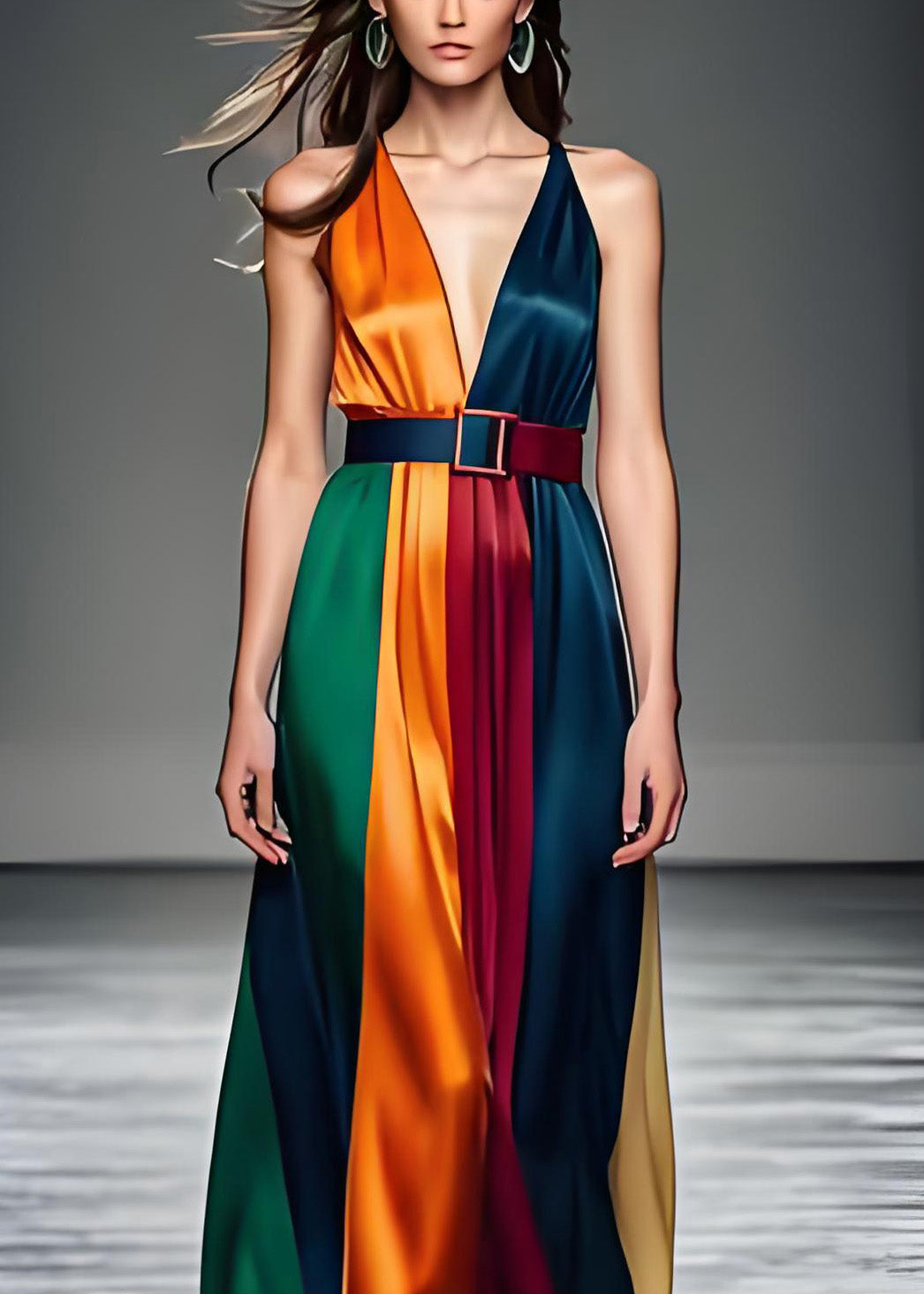 Deep V-Neck Belted Vertical Panel Satin Flowy Maxi Dress