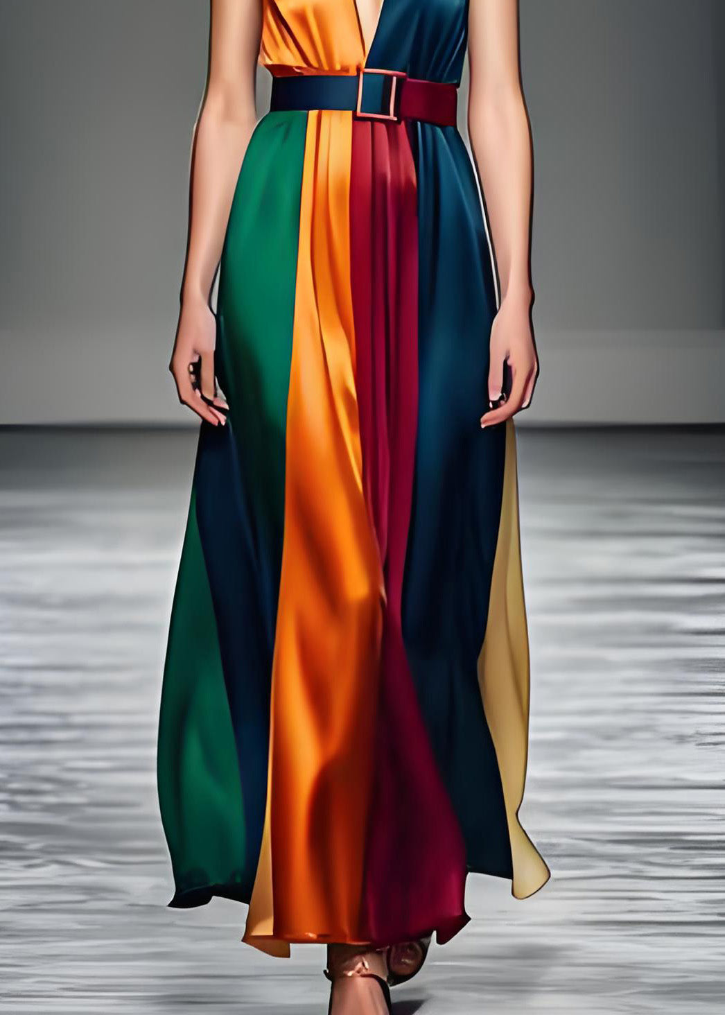 Deep V-Neck Belted Vertical Panel Satin Flowy Maxi Dress