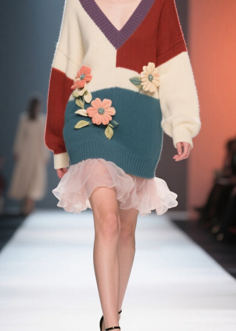 Colorblock Knit V-Neck Balloon Sleeve Floral Appliqué Tulle Ruffle Hem Mini Dress