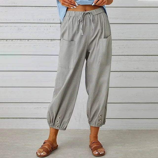High Waist Drawstring Button Hem Cropped Pants
