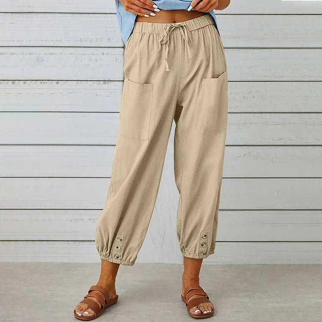 High Waist Drawstring Button Hem Cropped Pants