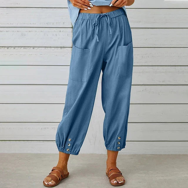 High Waist Drawstring Button Hem Cropped Pants