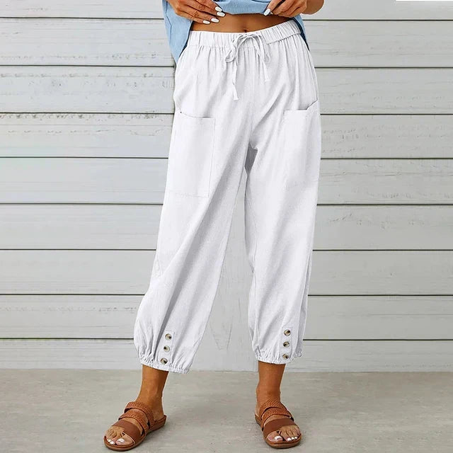 High Waist Drawstring Button Hem Cropped Pants