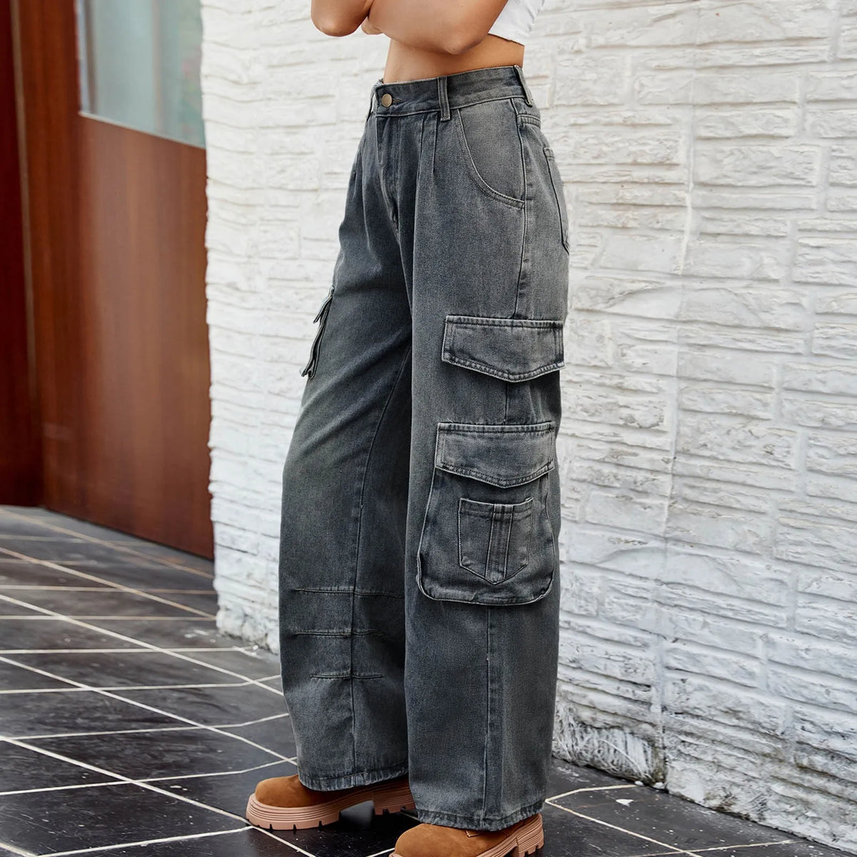 High Waist Washed Multi Pocket Wide Leg Cargo Jeans 4