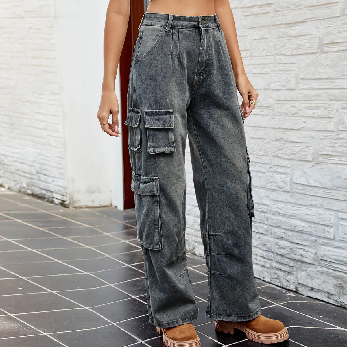 High Waist Washed Multi Pocket Wide Leg Cargo Jeans 2
