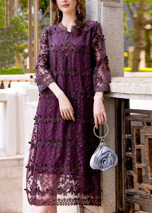 3D Floral Appliqué Embroidered Lace Mandarin Collar Button Front Long Sleeve Midi Dress