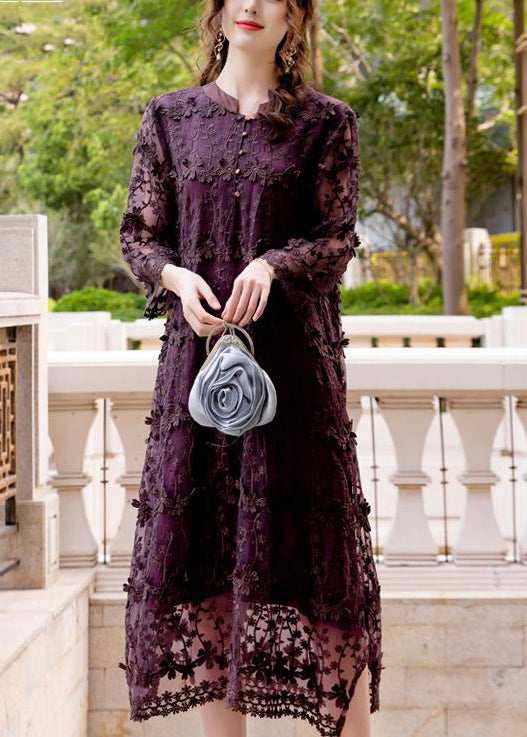 3D Floral Appliqué Embroidered Lace Mandarin Collar Button Front Long Sleeve Midi Dress