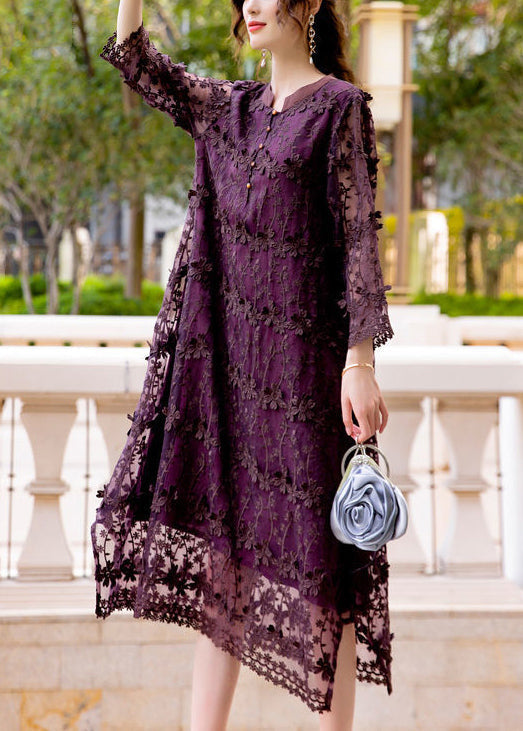 3D Floral Appliqué Embroidered Lace Mandarin Collar Button Front Long Sleeve Midi Dress