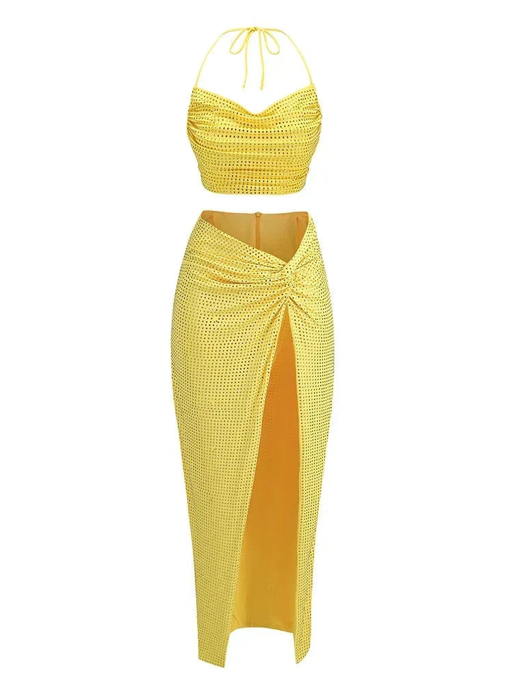 Rhinestone Cowl Crop Top and Twist High Split Skirt Two Piece Set 7