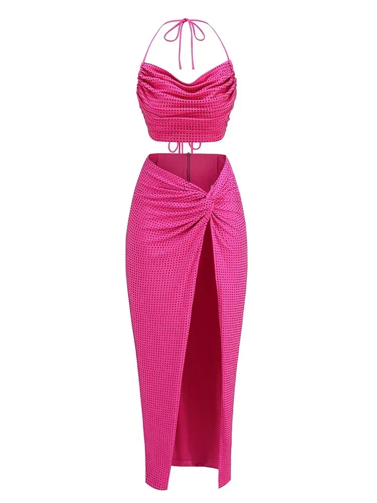 Rhinestone Cowl Crop Top and Twist High Split Skirt Two Piece Set 8
