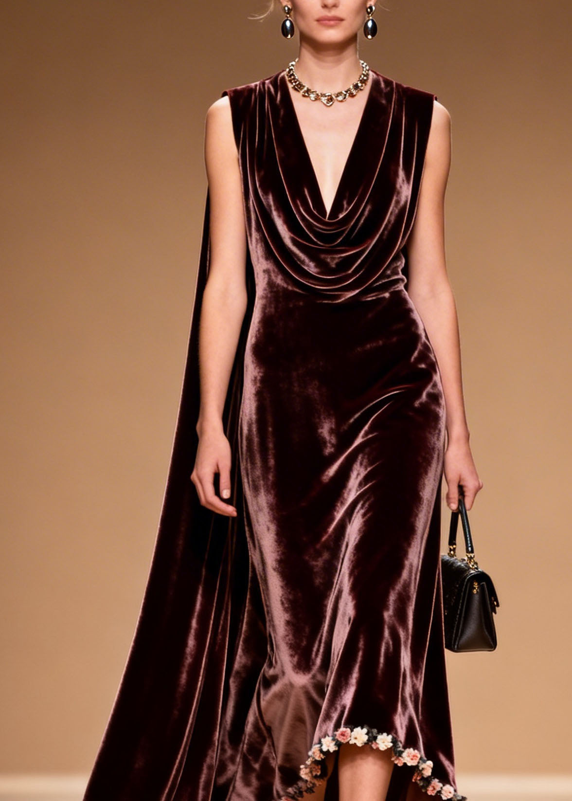 Velvet Cowl Neck Sleeveless High Low 3D Floral Applique Shoulder Cape Gown