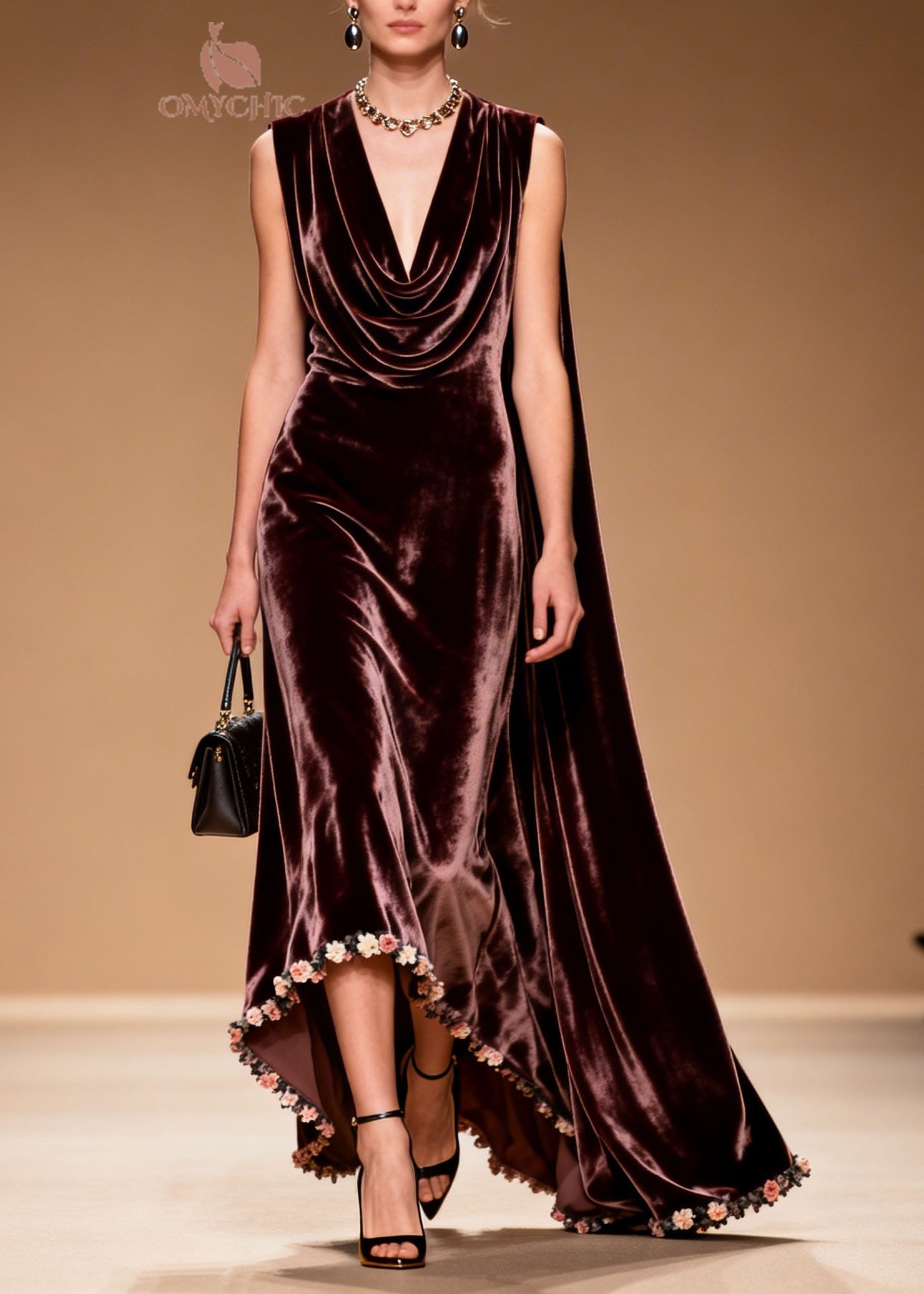 Velvet Cowl Neck Sleeveless High Low 3D Floral Applique Shoulder Cape Gown