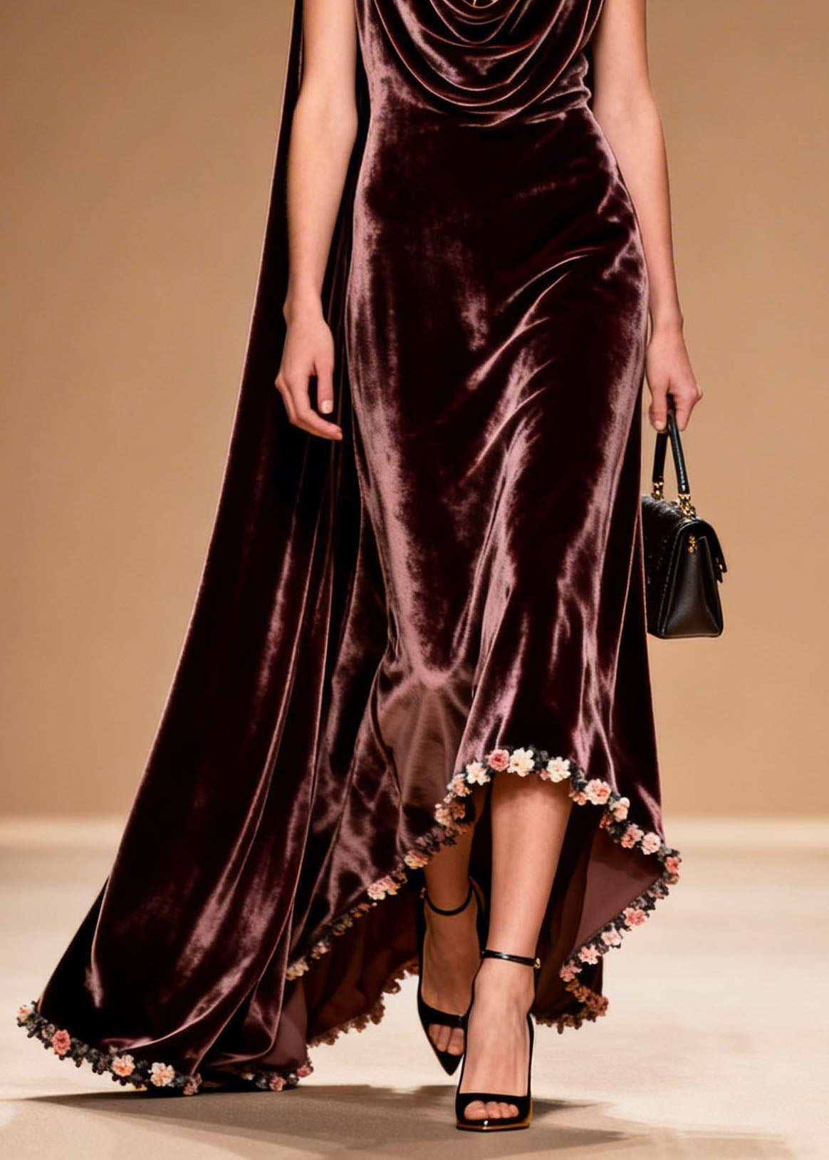 Velvet Cowl Neck Sleeveless High Low 3D Floral Applique Shoulder Cape Gown