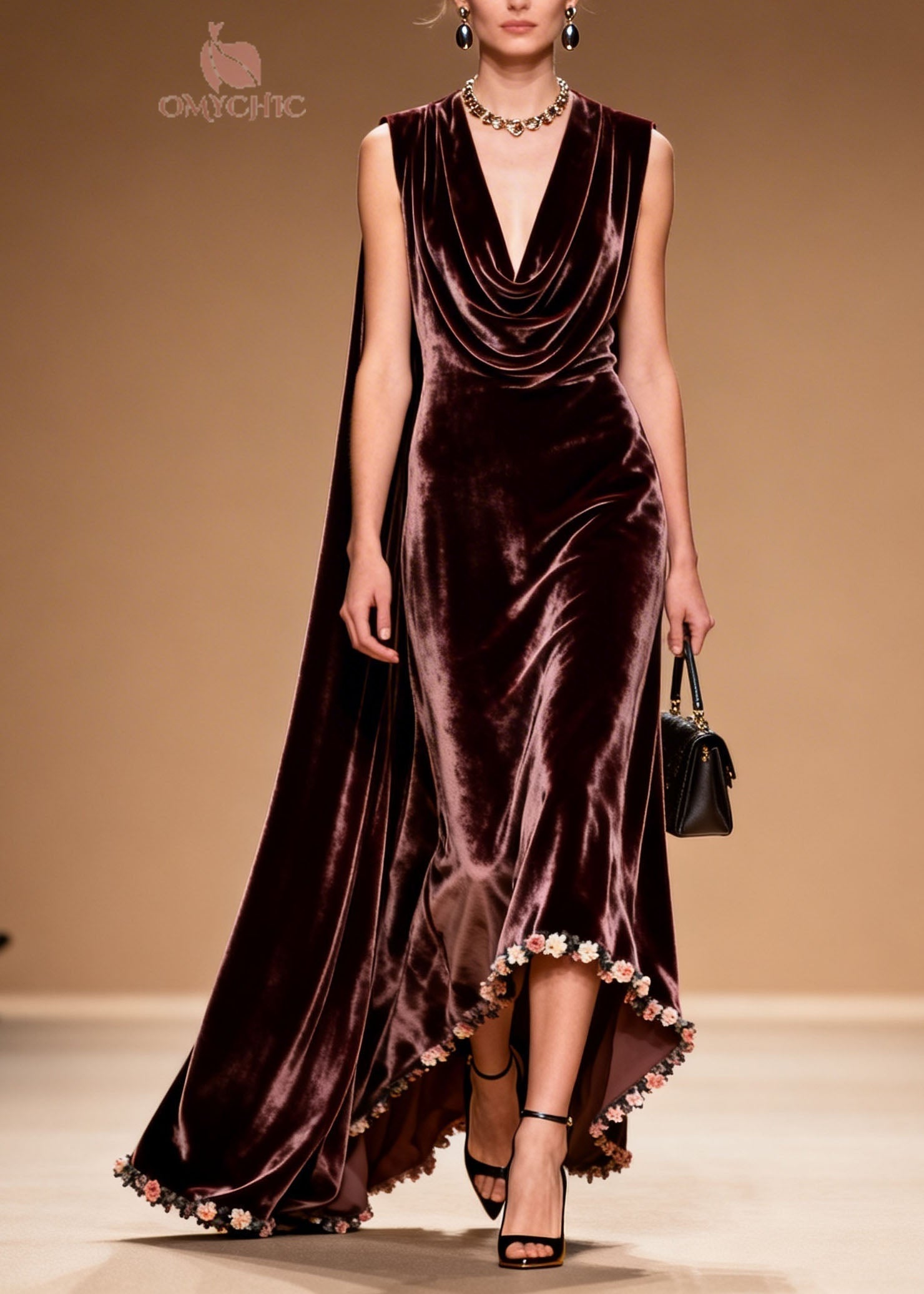 Velvet Cowl Neck Sleeveless High Low 3D Floral Applique Shoulder Cape Gown