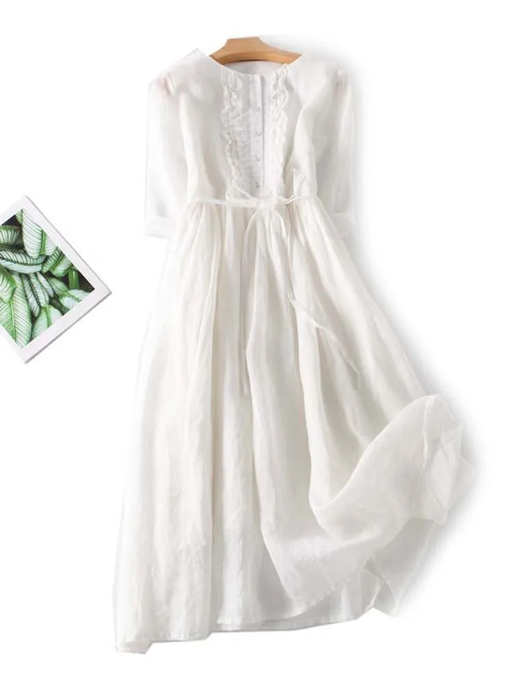 Arya - Women's Retro Style Dress with Round Neck and Waist Ties White
