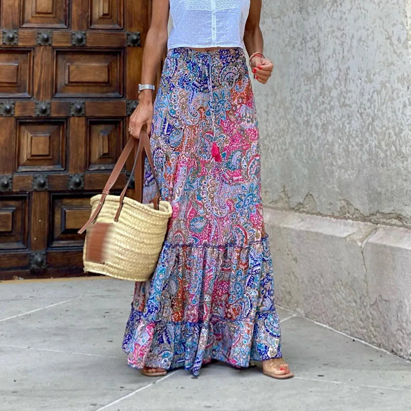 Refined High Waist Vintage Patterned Print Boho Long Maxi Skirt