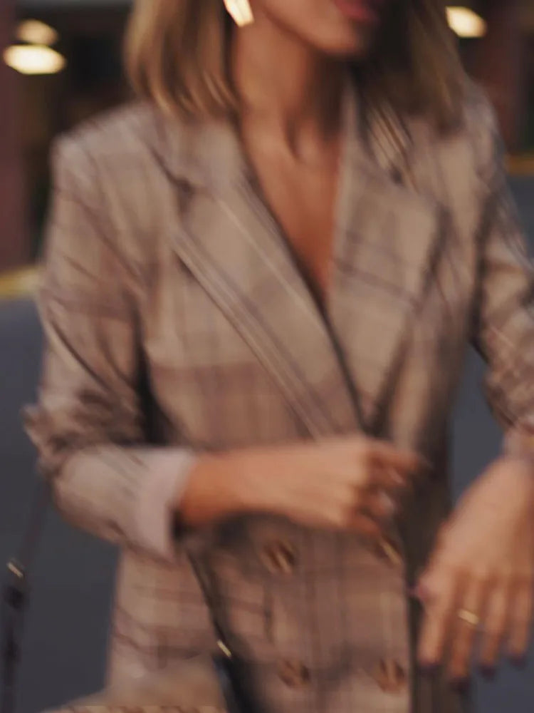 Plaid Double Breasted Lapel Collar Longline Blazer 3