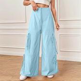Pleated Wide Leg Sports Bow Tie Pants Blue / S