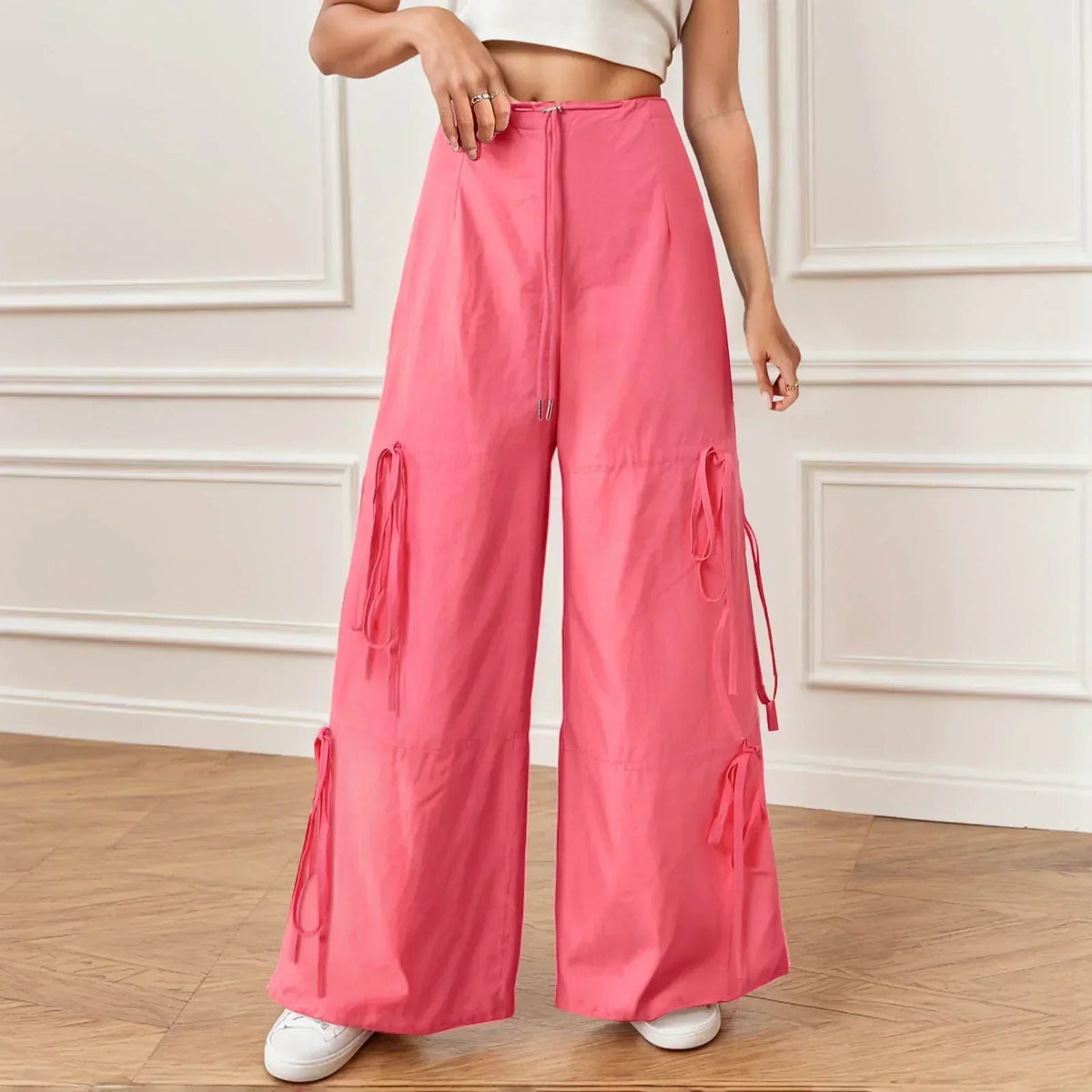 Drawstring Waist Side Tie Ruched Baggy Wide Leg Parachute Pants 8