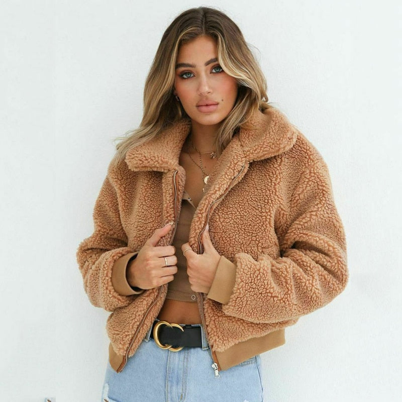 Lapel Collar Zip Front Ribbed Cuff Teddy Faux Fur Jacket 3