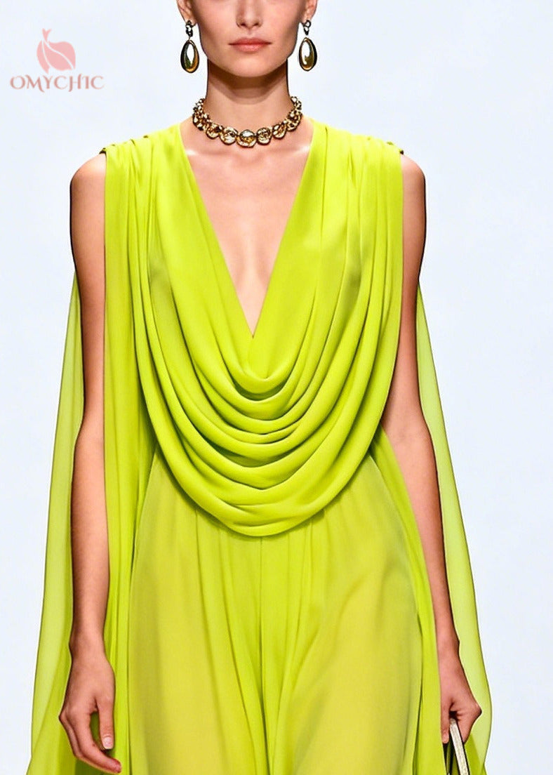 Chiffon Draped Cowl Neck Wide Leg Cape Floral Embroidered Hem Maxi Jumpsuit