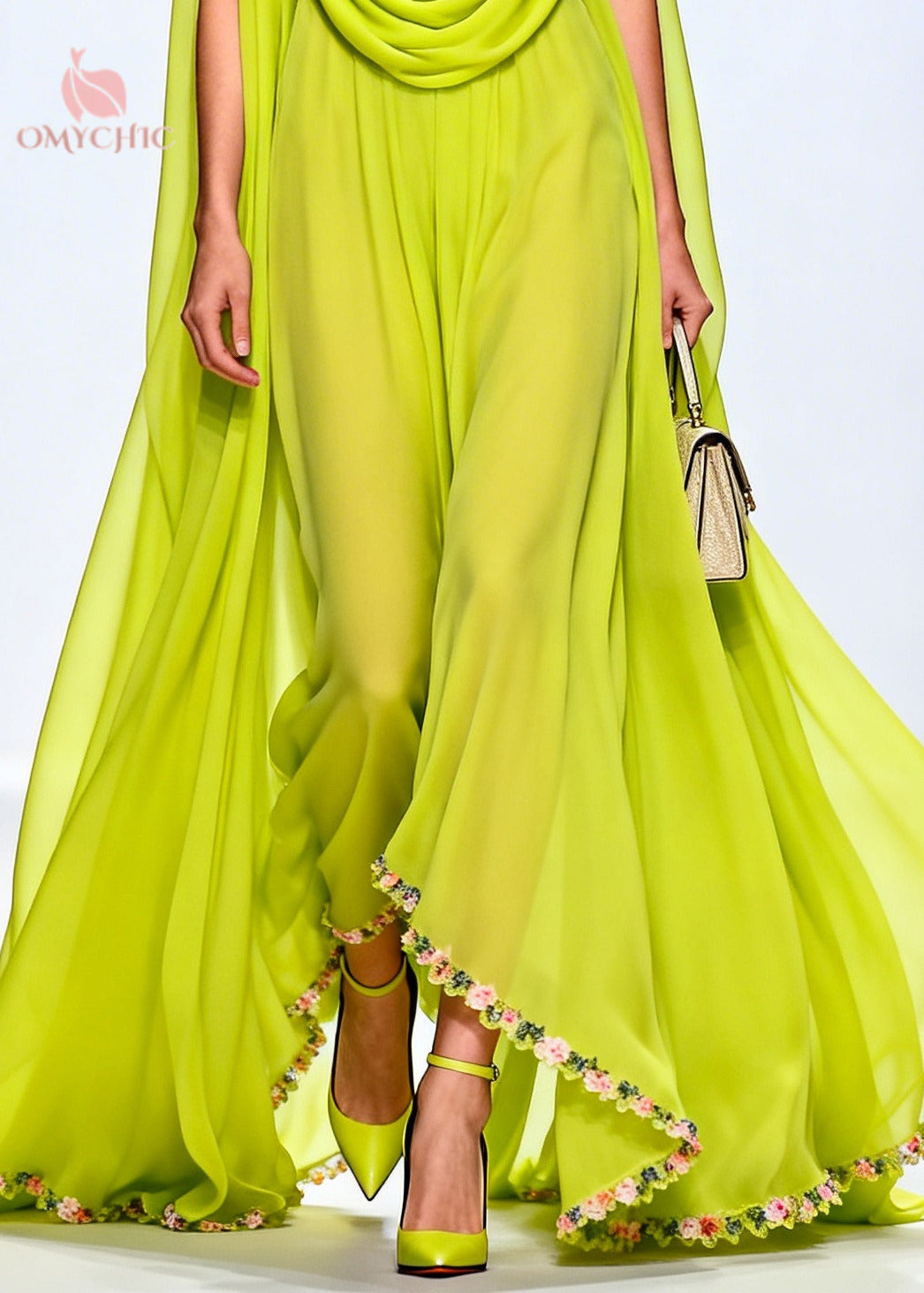 Chiffon Draped Cowl Neck Wide Leg Cape Floral Embroidered Hem Maxi Jumpsuit