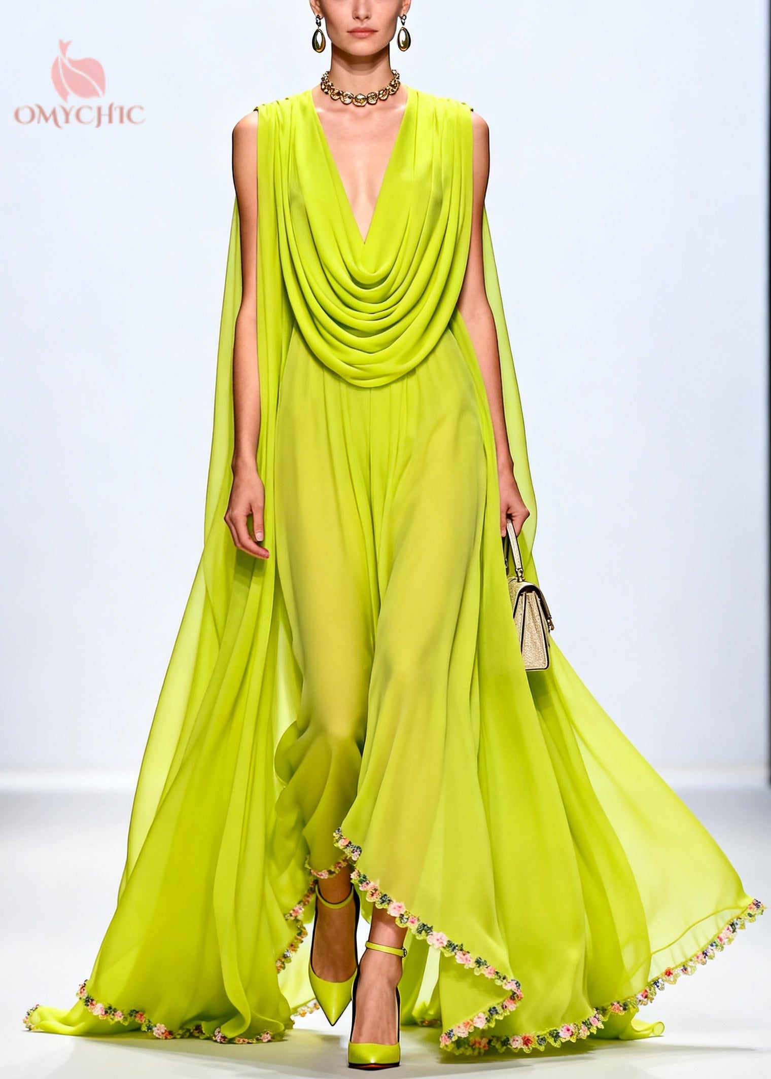 Chiffon Draped Cowl Neck Wide Leg Cape Floral Embroidered Hem Maxi Jumpsuit