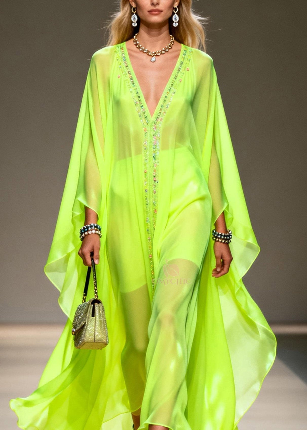 Sequin Center Panel Deep V-Neck Cape Sleeve Sheer Kaftan Maxi Gown