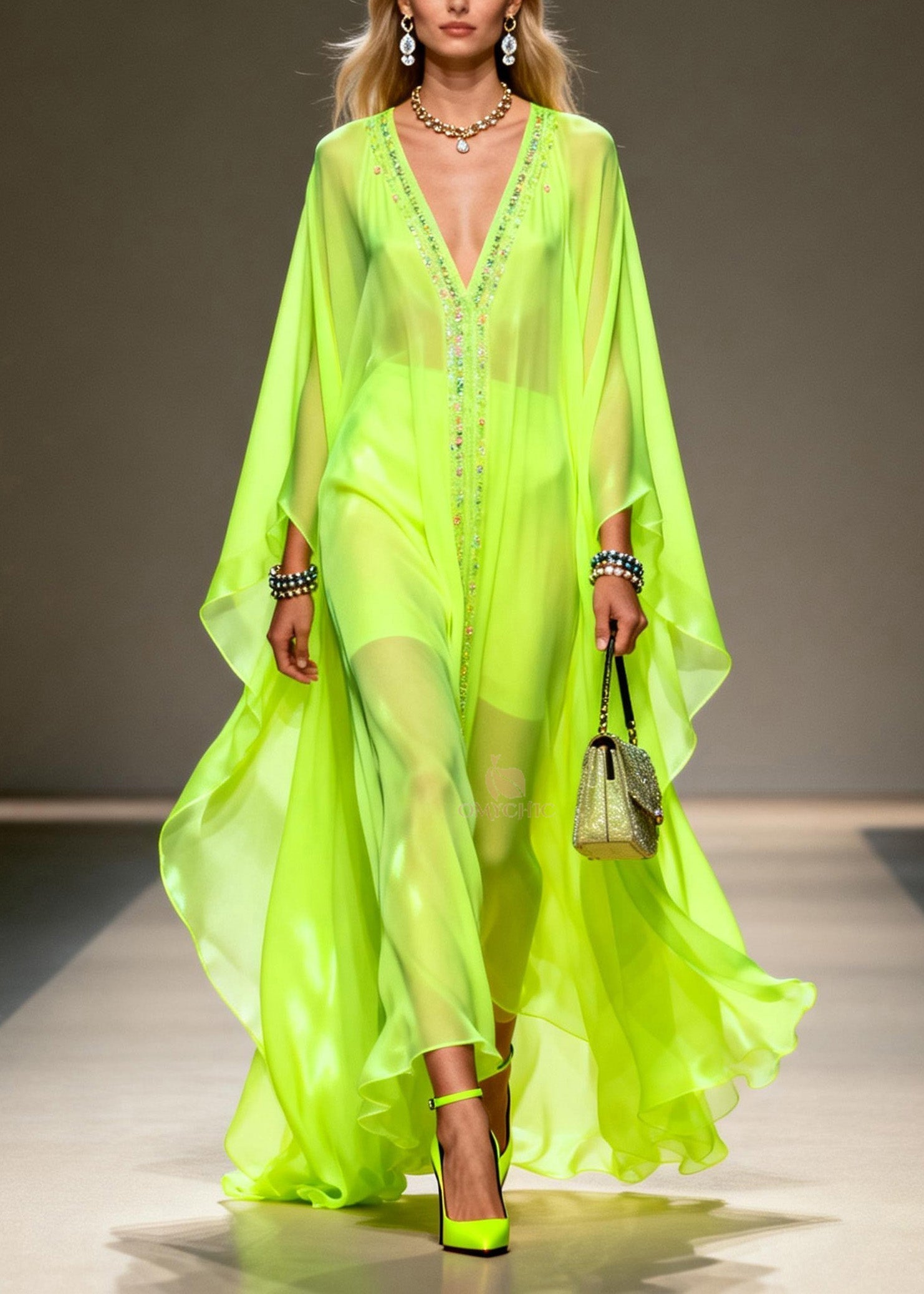 Sequin Center Panel Deep V-Neck Cape Sleeve Sheer Kaftan Maxi Gown
