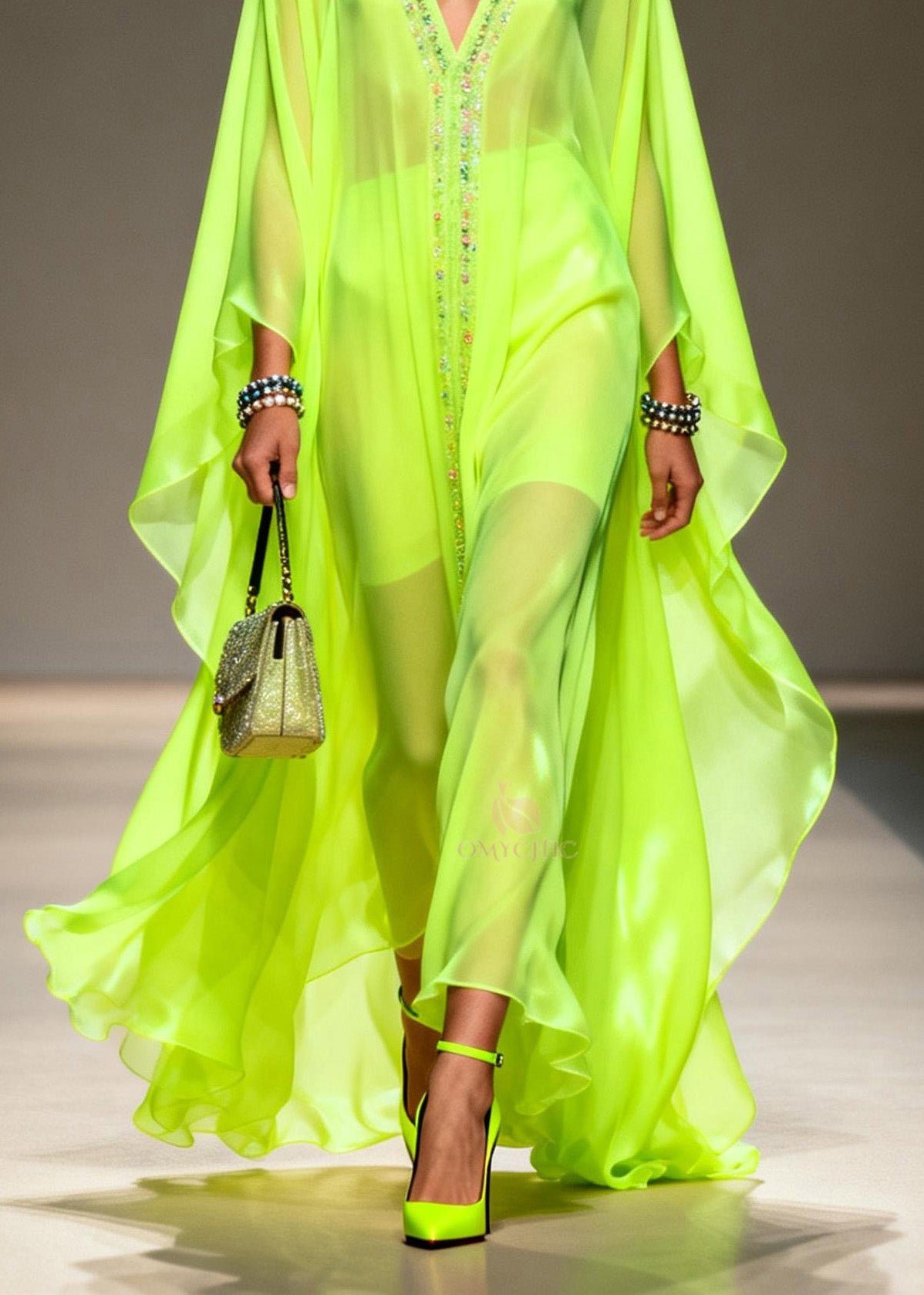 Sequin Center Panel Deep V-Neck Cape Sleeve Sheer Kaftan Maxi Gown