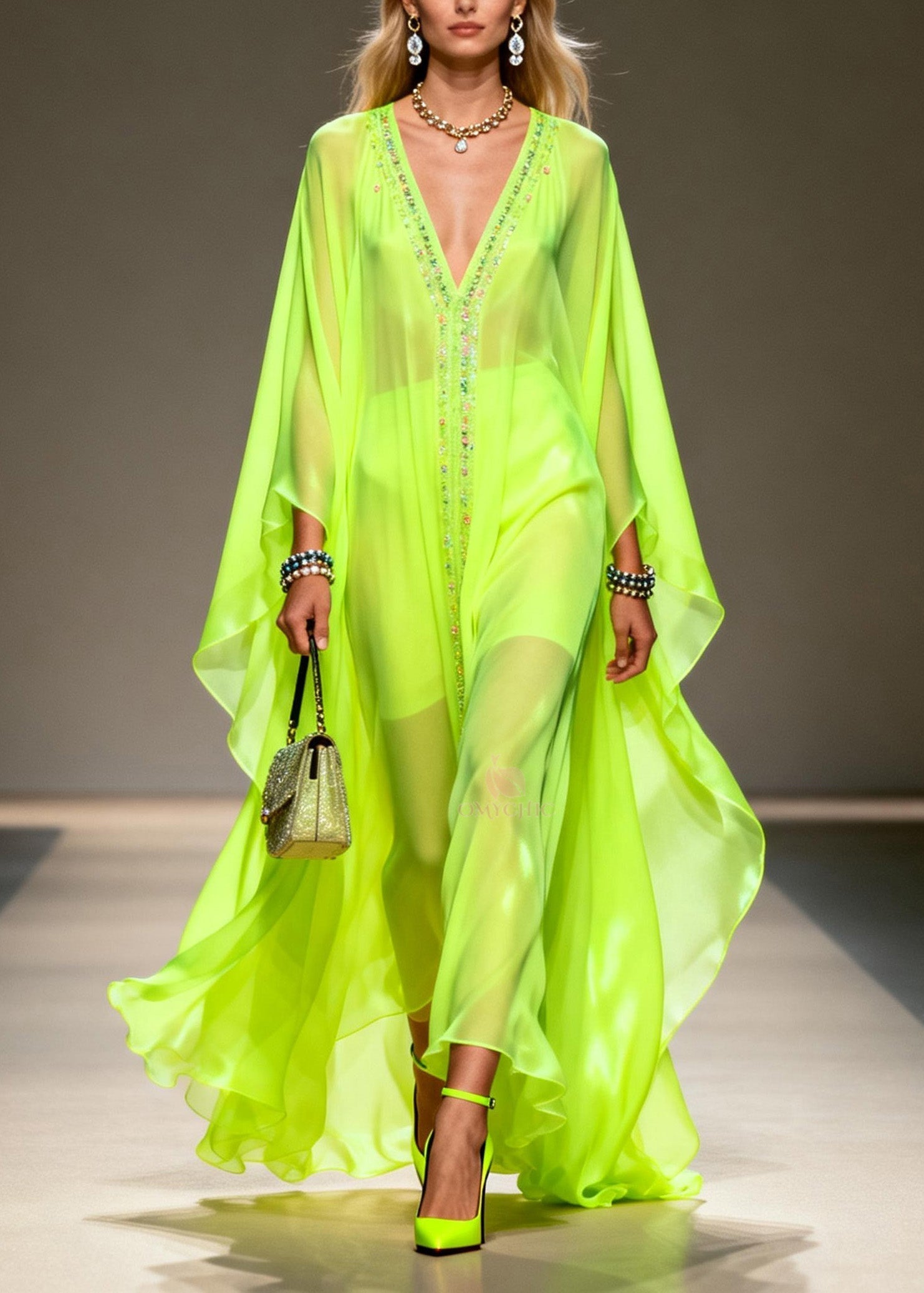 Sequin Center Panel Deep V-Neck Cape Sleeve Sheer Kaftan Maxi Gown