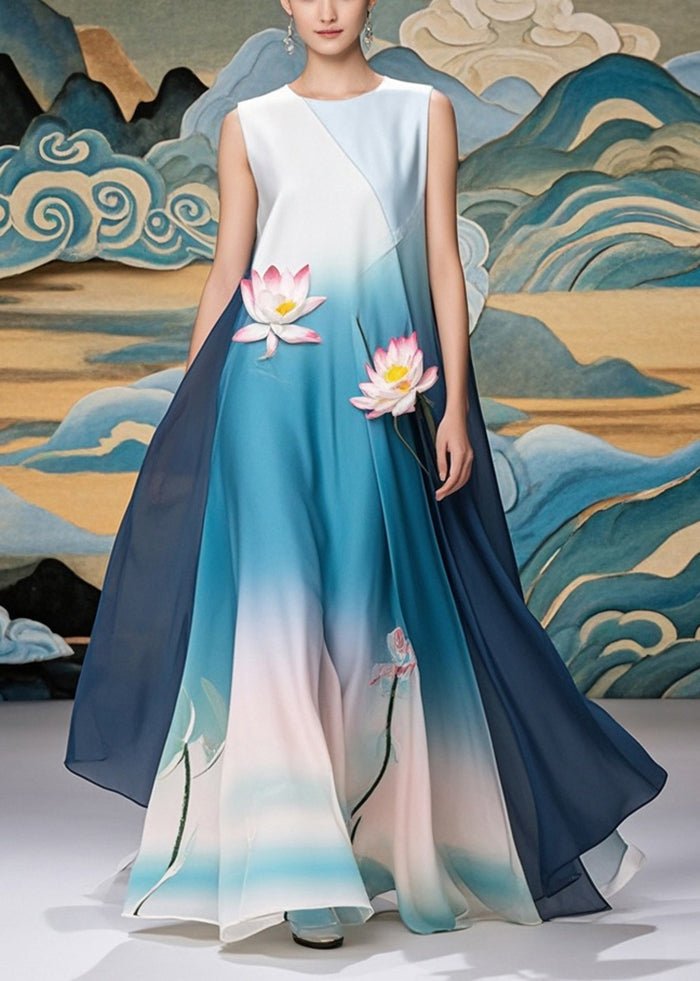 Chiffon Round Neck Sleeveless Lotus Appliqué Landscape Print Maxi Gown