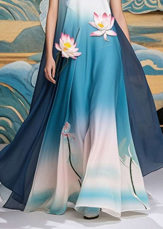 Chiffon Round Neck Sleeveless Lotus Appliqué Landscape Print Maxi Gown