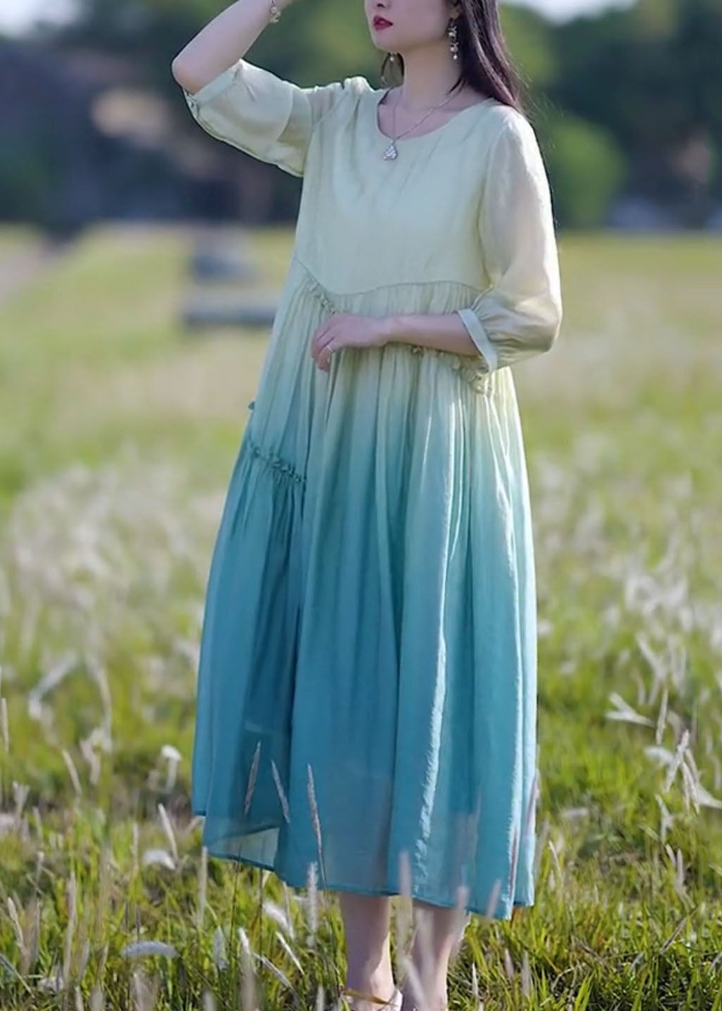 Chiffon Round Neck Three Quarter Sleeve Drawstring Waist Tiered Crinkle Midi Dress