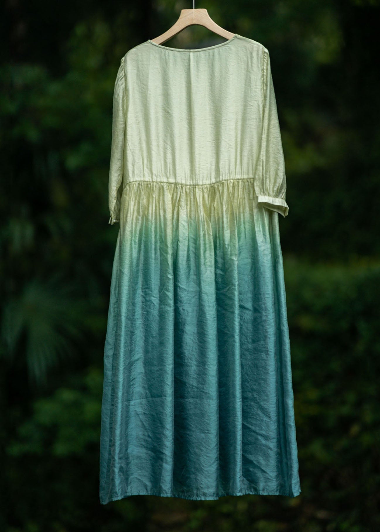 Chiffon Round Neck Three Quarter Sleeve Drawstring Waist Tiered Crinkle Midi Dress