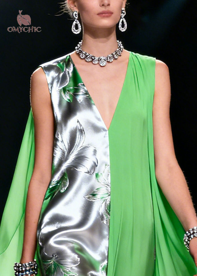 Deep V-Neck Sleeveless Floral Satin Draped Chiffon Maxi Dress