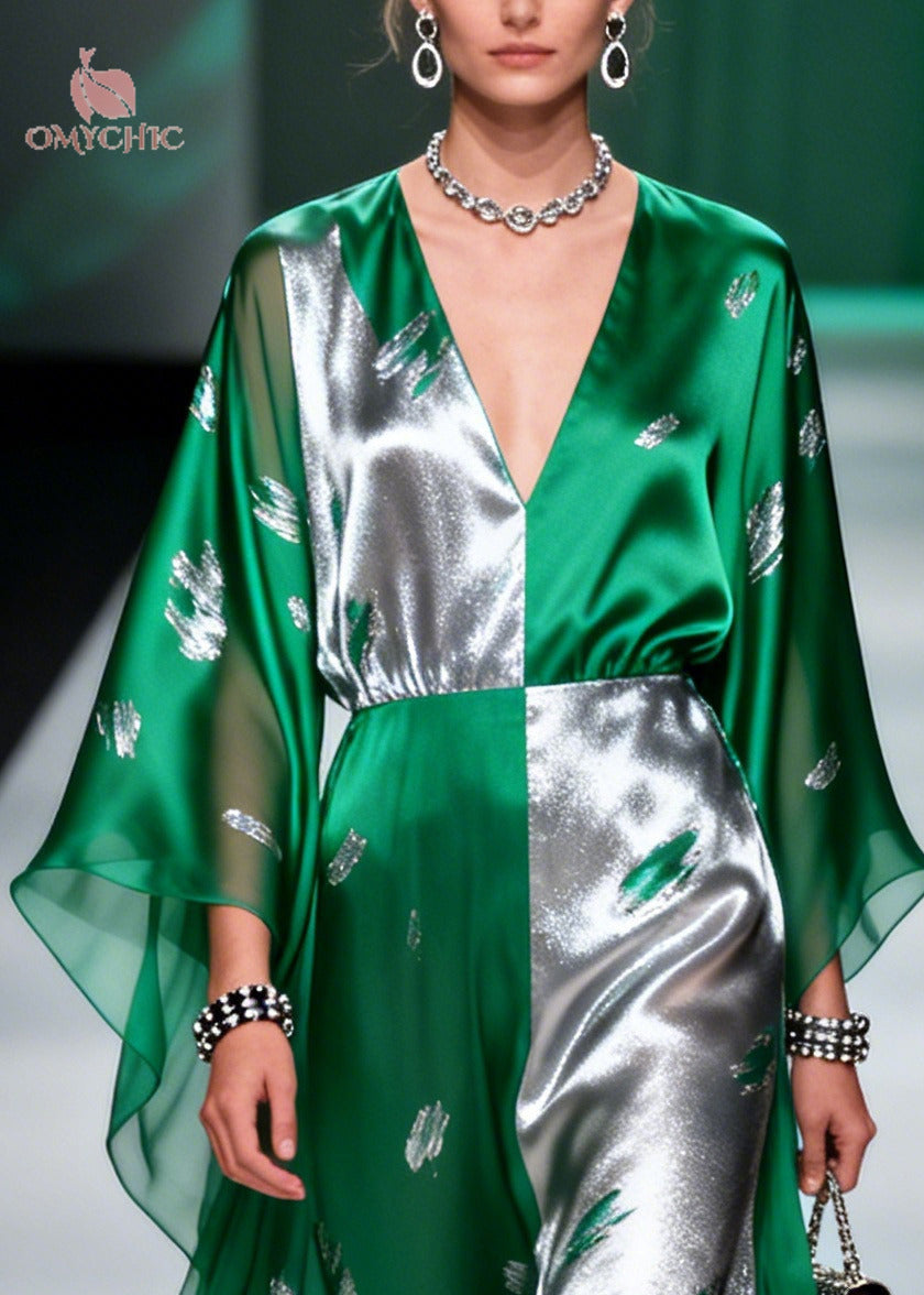 Color Block Leaf Print Deep V-Neck Sheer Cape Sleeve Satin Maxi Gown