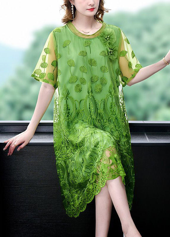 Mesh Round Neck Short Sleeve Floral Appliqué Embroidered Lace Midi Dress