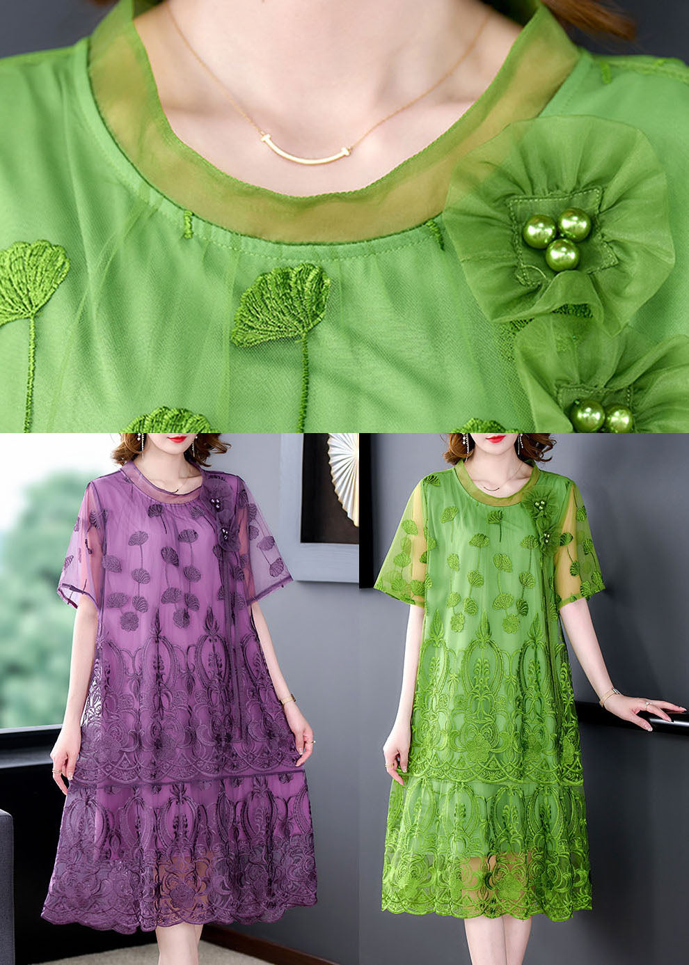Mesh Round Neck Short Sleeve Floral Appliqué Embroidered Lace Midi Dress